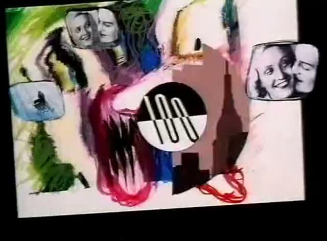 A collage of torn film stills and painted colour around a black and white 100 circle.