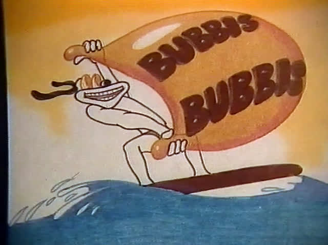 A cartoon surfer rides a wave, holding up a huge bubble lettered BUBBIS twice.