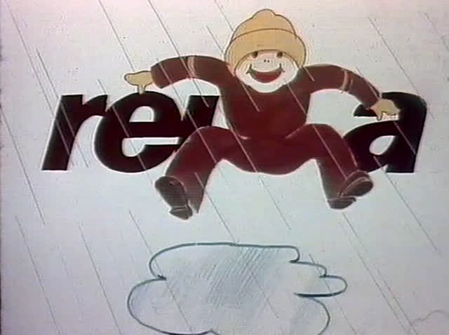 A child in a snowsuit jumps over a puddle in the middle of the word reima.