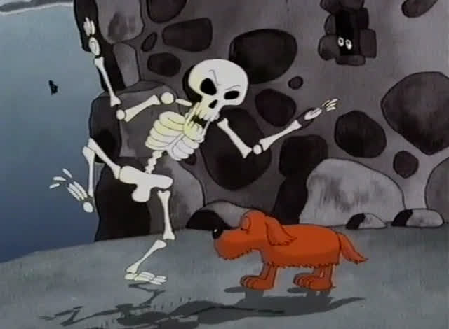 Skeleton and dog meet nose to nose among the grey rocks