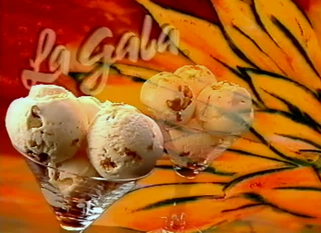 Two glass dishes of ice cream side by side on the leaf backdrop, logotype top left