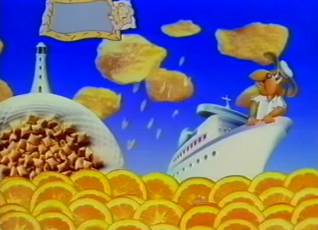 A white liner sails a sea of orange slices, a dog in a sailor’s cap at the rail.
