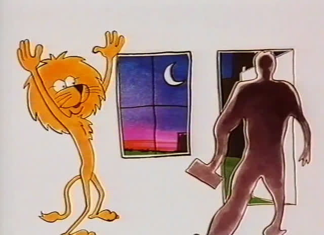 The lion’s face fills the frame before a night skyline, crescent moon and green grass.