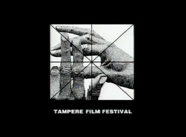 An engraved drawing of two hands inside a ruled square, TAMPERE FILM FESTIVAL beneath on black.