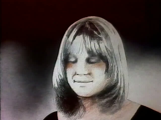 A drawn young woman in profile, long fair hair, lifting a tablet to her lips