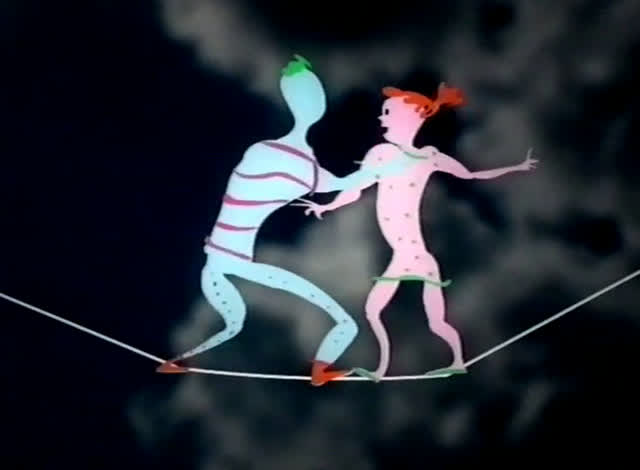 Two drawn figures, one blue and one pink, dance on a tightrope against night clouds.