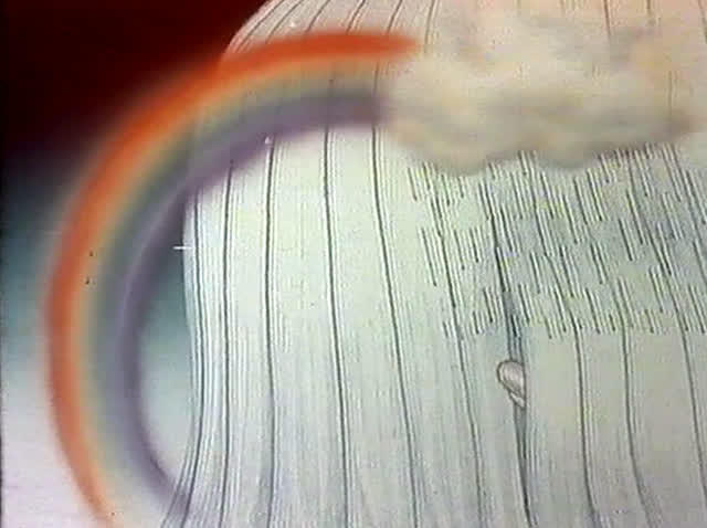 Rainbow arcs and a small cloud over long strands of drawn hair.