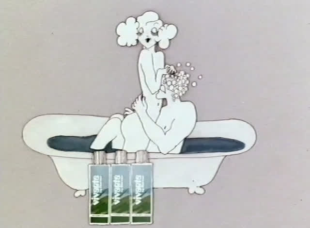 A drawn woman lathers a man's hair as they share a claw-foot bath, three Vivante bottles in front.